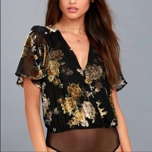 ASTR The Label Black Velvet Floral Bodysuit